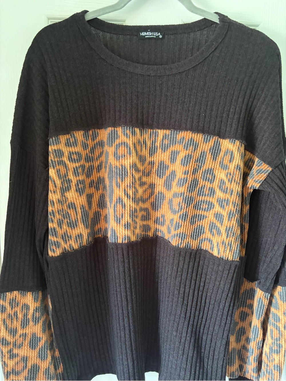HEIMISH USA Women's Black Sweater with Leopard-Print Chest Panel